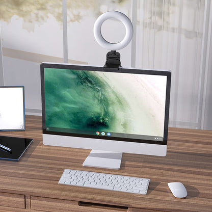 180 Degrees Rotating Clip On Ring Light for Laptop Desk Dimmable LED Selfie Light for Meeting Video Call Recording