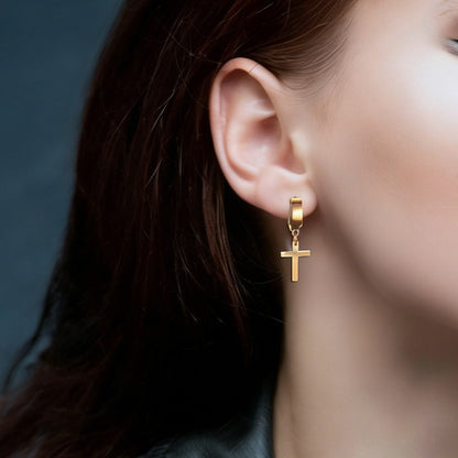 Unisex Cross Dangle Hoop Huggie Stainless Steel Ear Stud Earrings