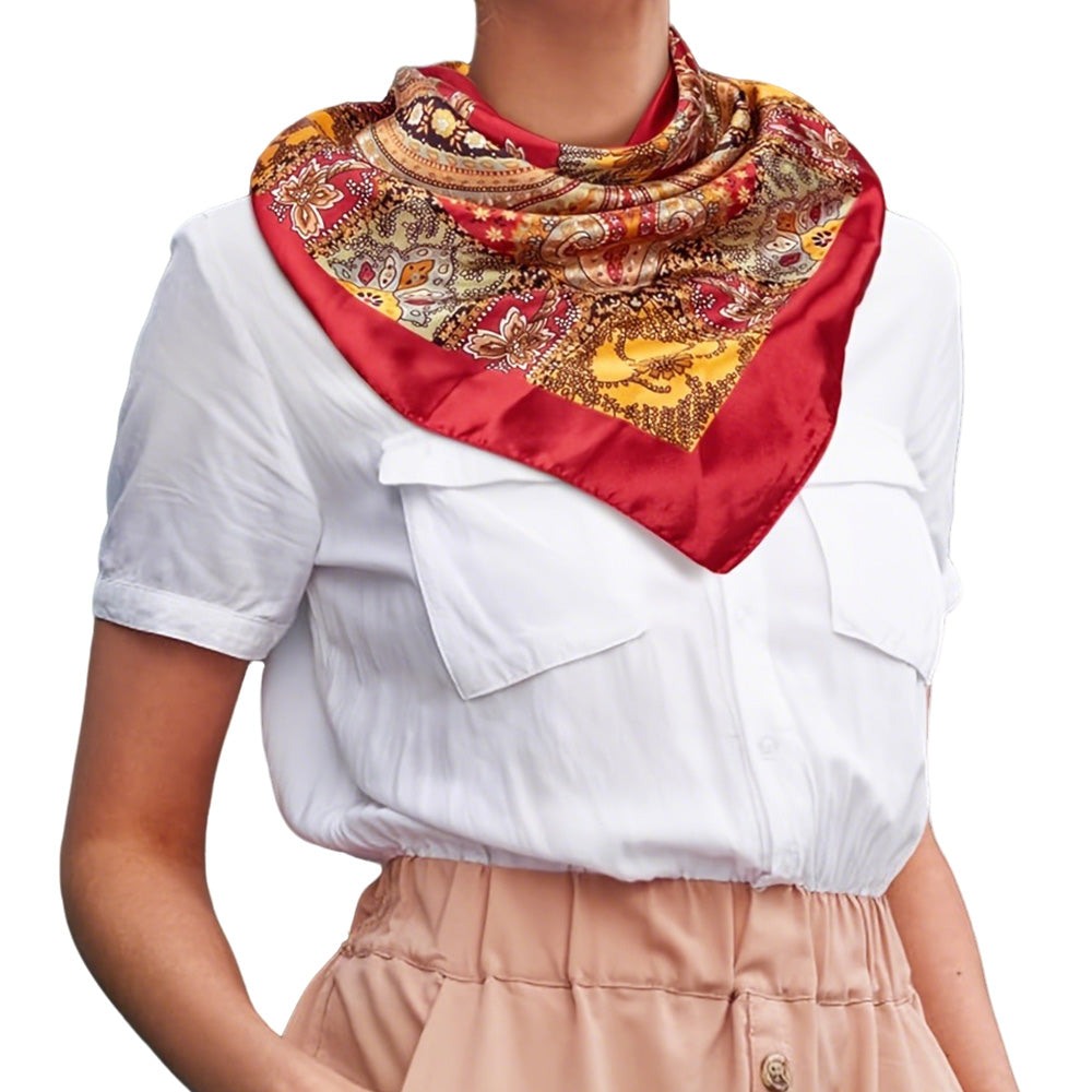 90cm Square Head Scarf Printed Satin Hair Scarf Bandanas for Women-Red