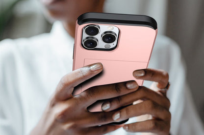 Shockproof Phone Cover Case With Card Holder For Apple iPhone 16 Or 15 Series-Rose Gold