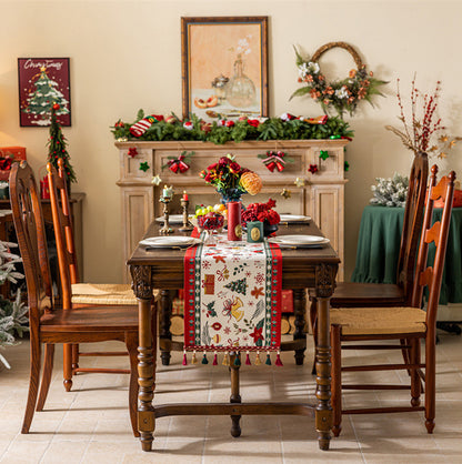 Christmas Jacquard Table Runner with Tassels - Beige