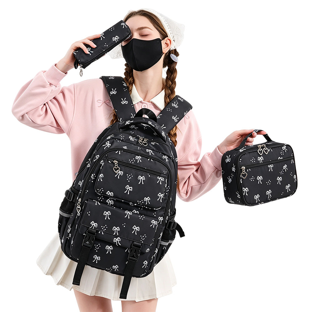 3 Piece Girls School Backpack Set with Lunch Bag Pencil Case - Black