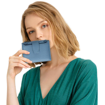 Genuine Leather Women's Wallet Short RFID Blocking Purse with Zipper Light blue
