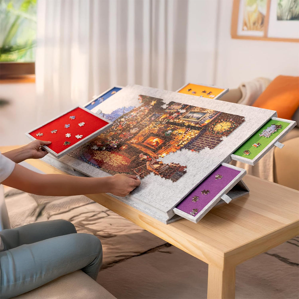 Foldable Felt Jigsaw Puzzle Board with 6 Drawers for Home Travel-Light Grey
