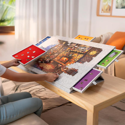Foldable Felt Jigsaw Puzzle Board with 6 Drawers for Home Travel-Light Grey
