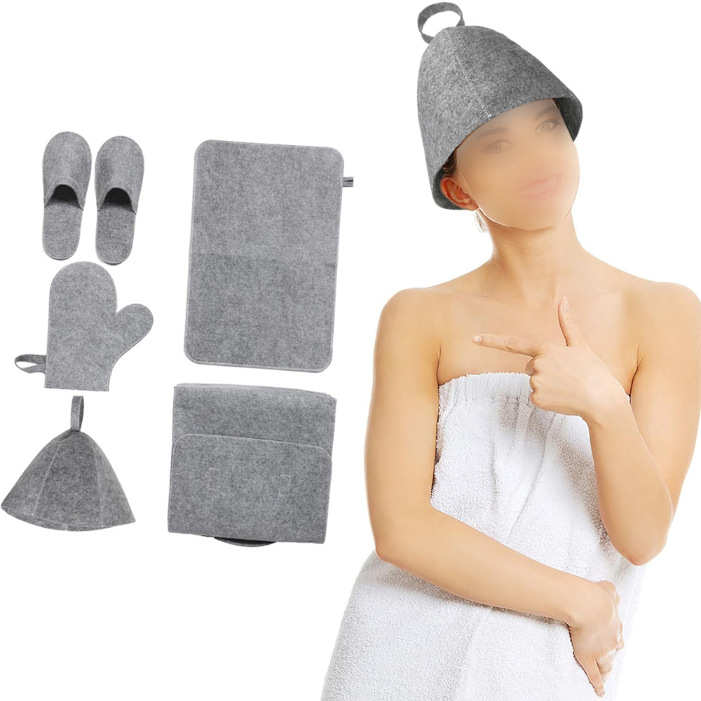 5Pcs Sauna Felt Kit with Hat and Gloves-Grey