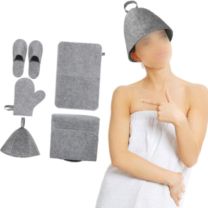 5Pcs Sauna Felt Kit with Hat and Gloves-Grey