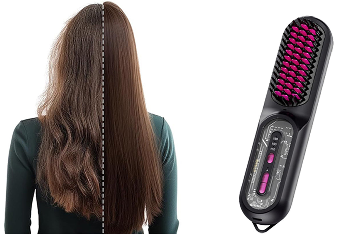 2-in-1 Ionic Hair Straightener Brush with Anti-Scald Ceramic Straightening Brush -Rose Red