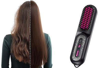 2-in-1 Ionic Hair Straightener Brush with Anti-Scald Ceramic Straightening Brush -Rose Red