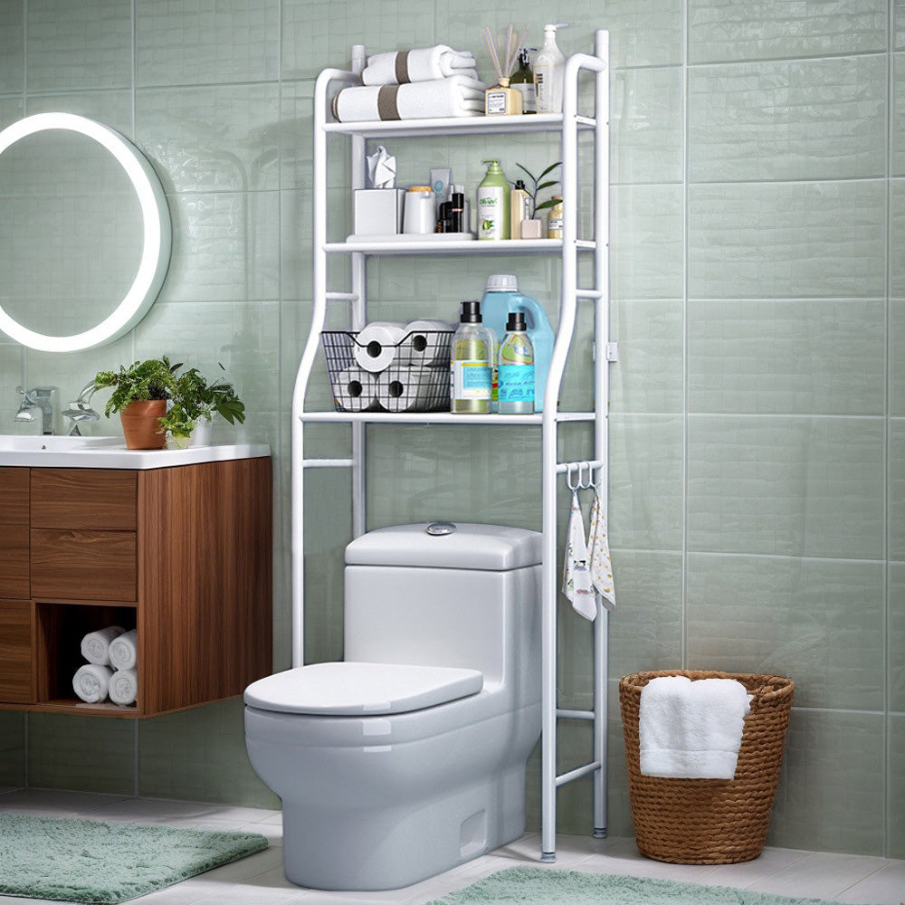 3 Tier Shelf Over Toilet Storage Rack With Paper Holder And Hooks-White
