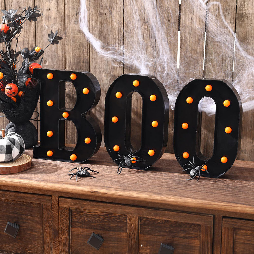 3 Piece BOO Orange Light Up Halloween Decorative Sign for Parties