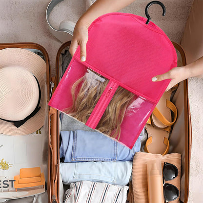 3Pcs Hair Extension Storage Bags with Hangers Dustproof Non-Woven Fake Hair Organizer Rose Red
