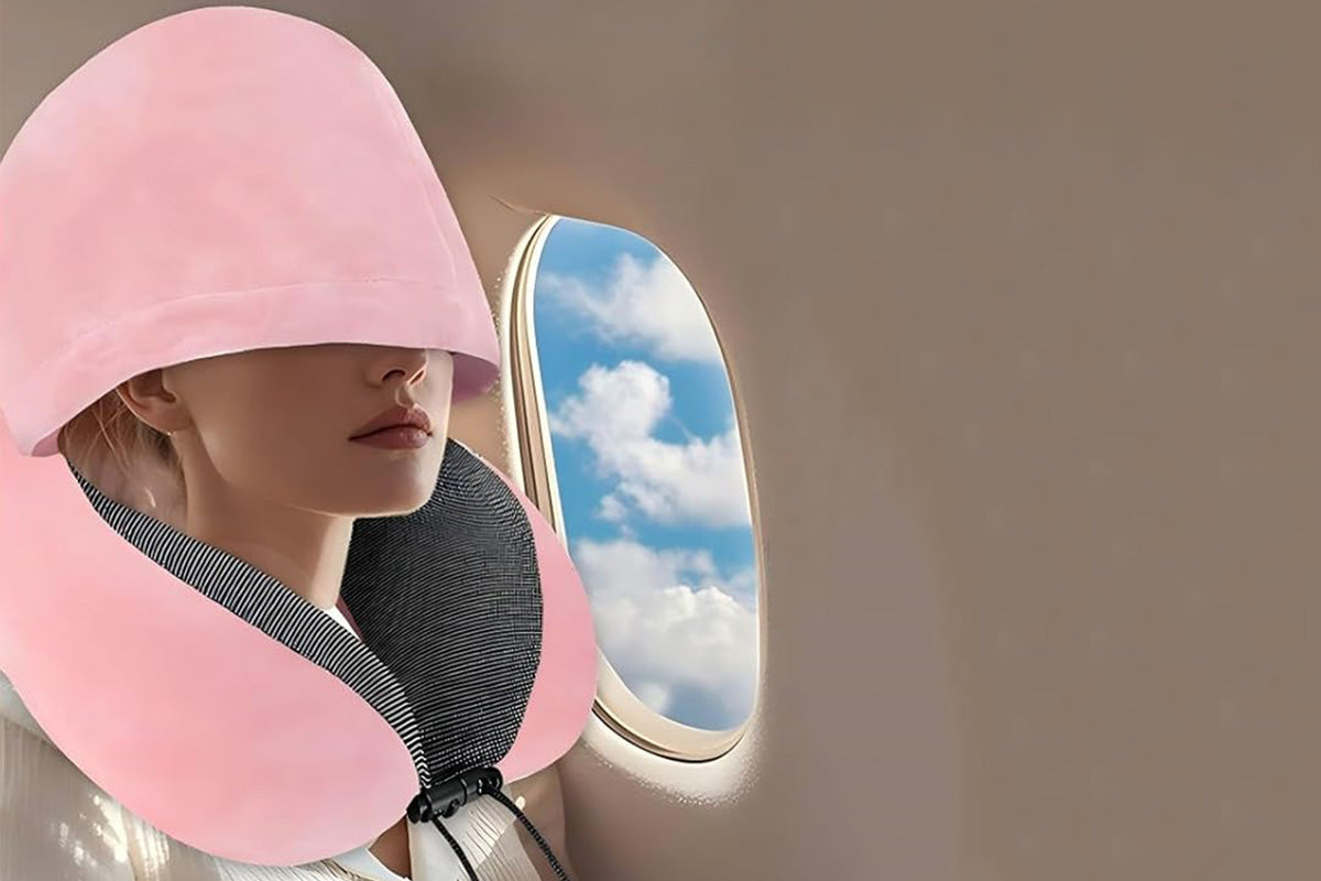 Hooded Travel Pillow with 3D Eye Masks Memory Foam Neck Pillow for Airplane Sleeping-Pink