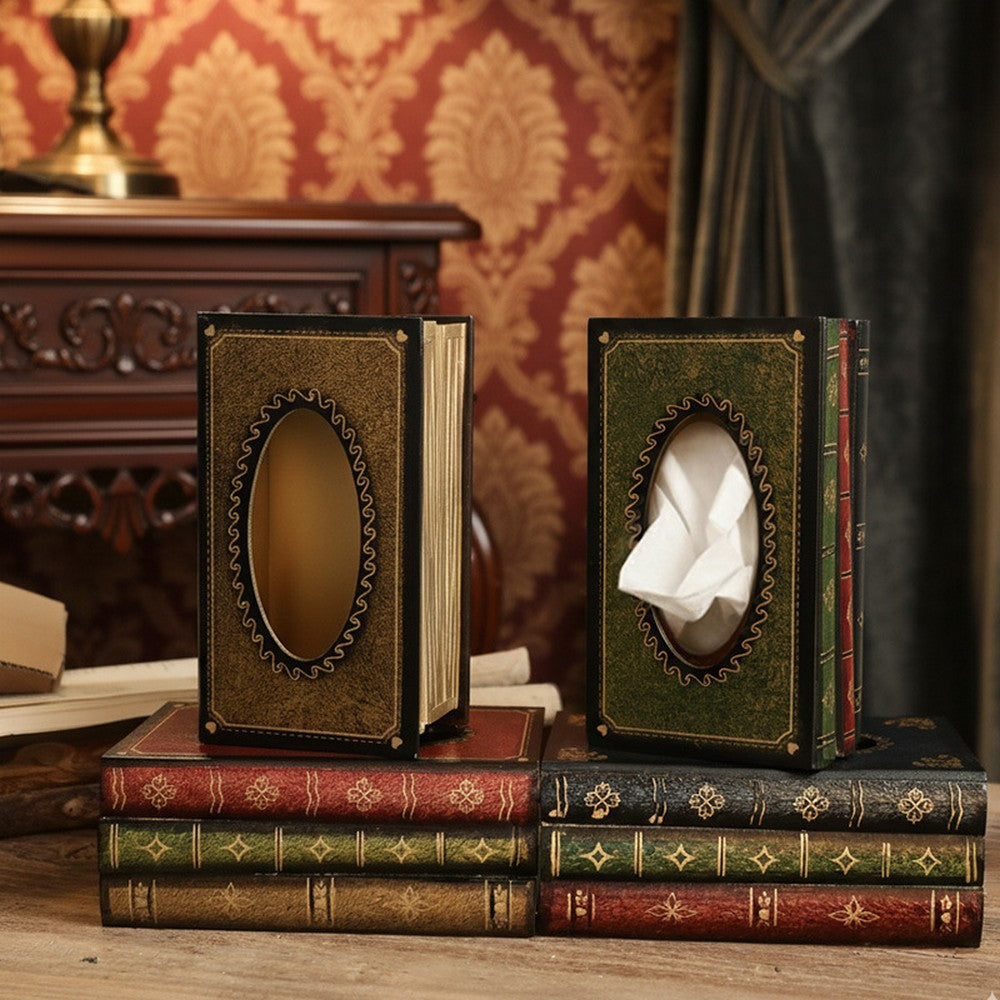 Retro Tissue Box Cover Wooden Antique Book Tissue Holder Dispenser Home Decor-Green