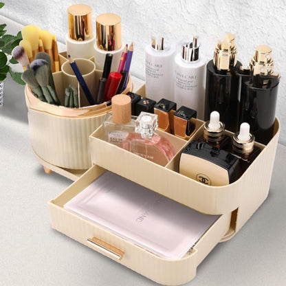Rotating Makeup Organizer for Vanity with Brush Holder and Drawer Spinning Cosmetic Storage Case Beige