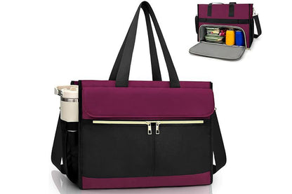 Lunch Tote Bag With Insulated Lunch Box Compartment For Travel Leisure-Wine Red