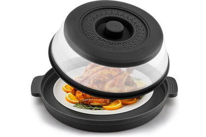 Microwave Food Splatter Cover with Drip Tray and Handles-Black