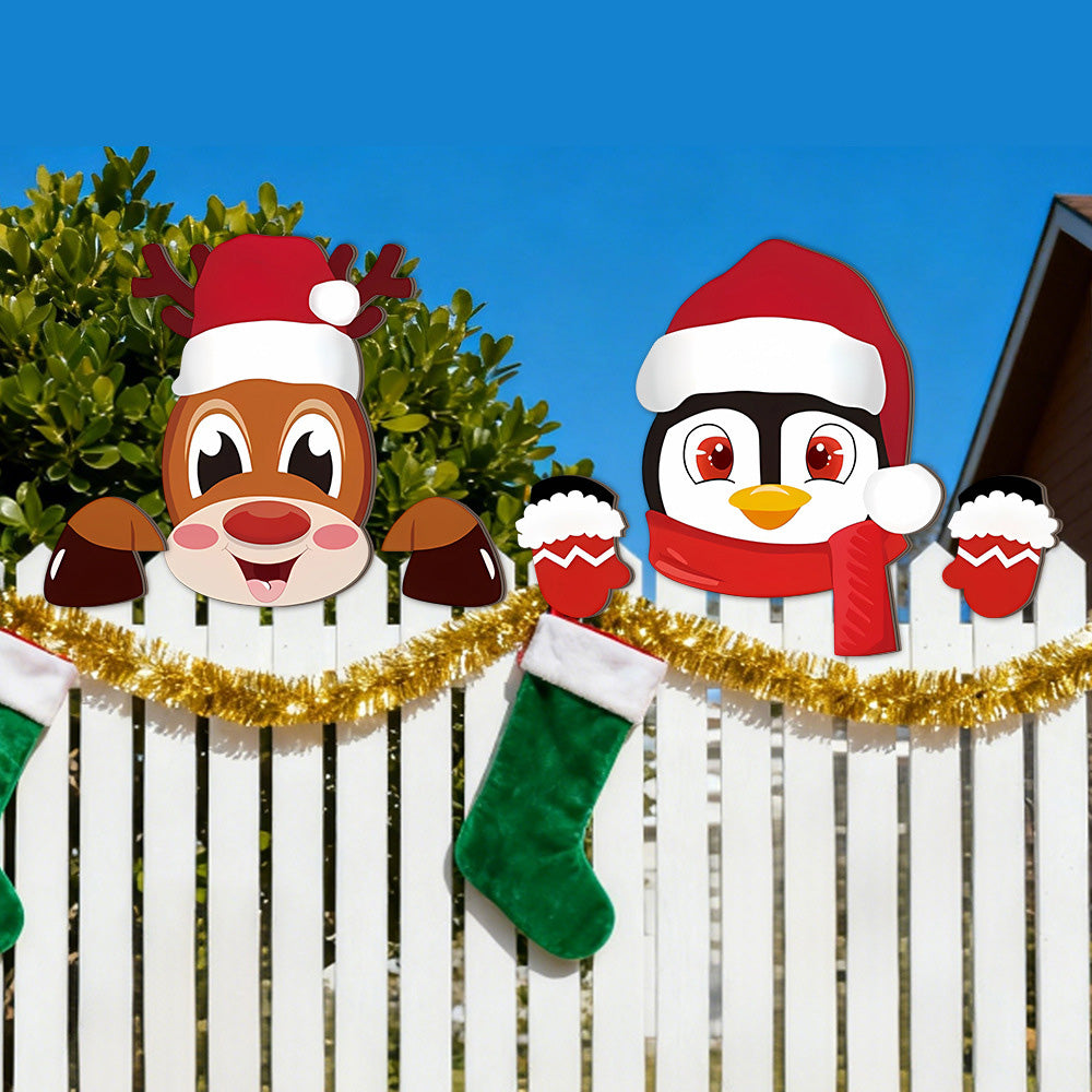 3 Pack Christmas Fence Peeker Santa Reindeer Penguin Yard Decor