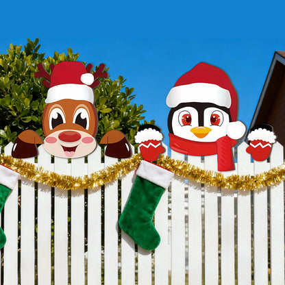 3 Pack Christmas Fence Peeker Santa Reindeer Penguin Yard Decor