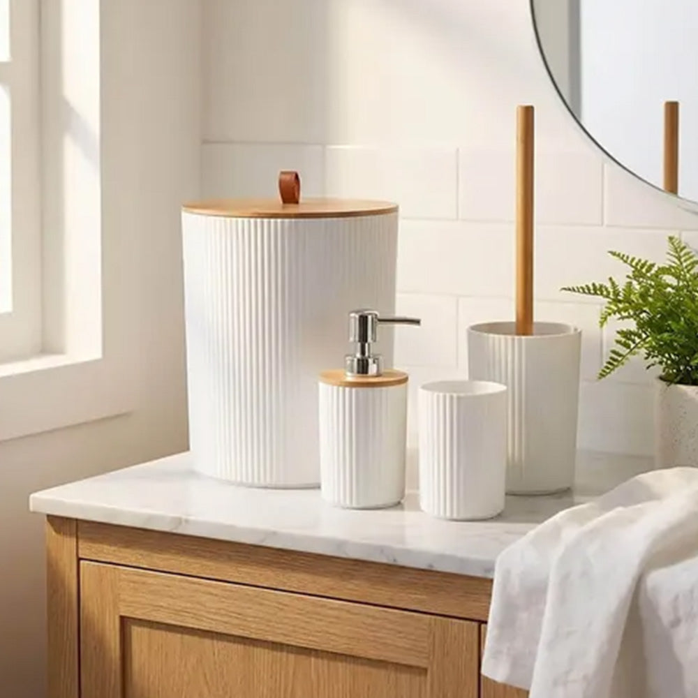 6 Pcs Bathroom Wash Set with Bamboo Lids and Plastic Body -White