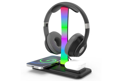 Headphone Stand with Wireless Charger Gaming Headset Stand with RGB Light for Airpod Pro iPhone Samsung -Black