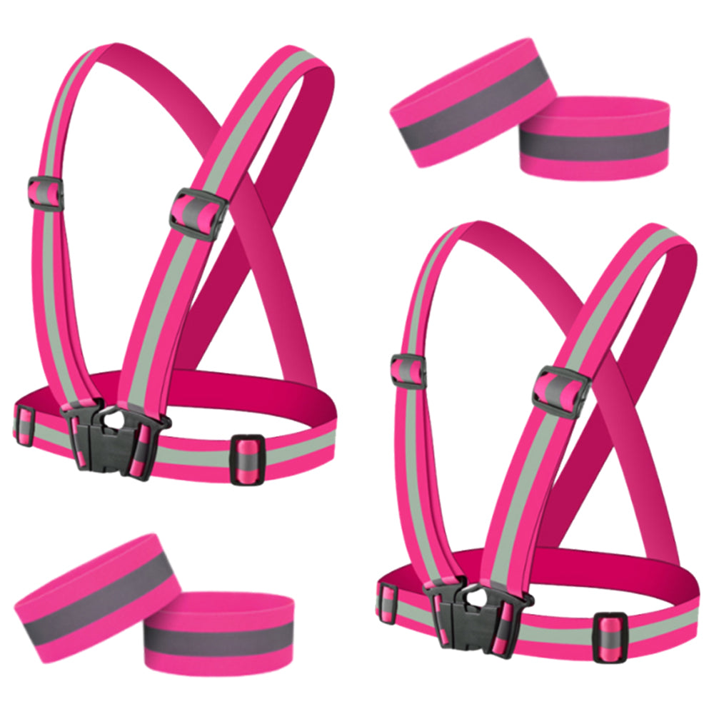 2Pcs Adjustable Reflective Vests and 4 Bands High-Visibility Elastic Gear for Night Running Cycling Pink