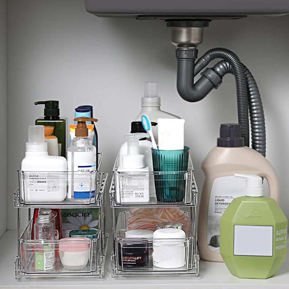 2-Tier Double Sliding Under Sink Organizers Bathroom Cabinet Shelf Organizer Storage Rack Transparent