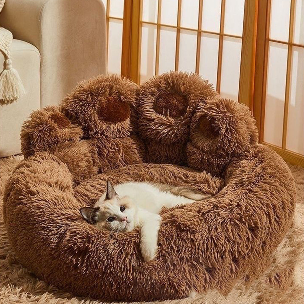Calming Dog Bed Warm Soft Paw Shape Pet Bed Plush Cushion Bed for Dogs Cats-Coffee