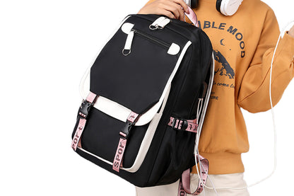 Girls Backpack Middle School Students Bookbag with USB Charge Port-White