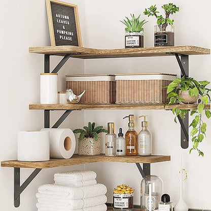Corner Floating Shelves Set of 3 Wall Mounted Rustic Wood Storage Display Shelves-Brown