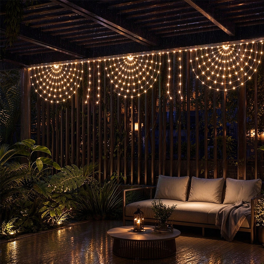 3 Panel Waterfall Curtain Lights Solar Peacock Net String Lights - Warm White