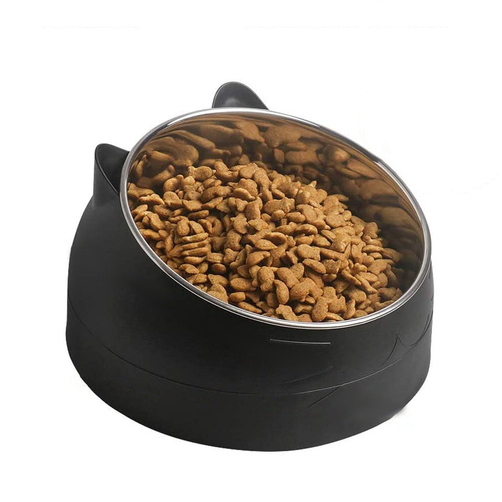 400ml Stainless Steel Tilted Pet Bowl Non-Slip Raised Feeder for Cats and Dogs-Black