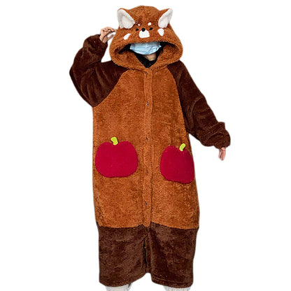 Women Hooded Pajamas Winter Sleepwear Plush Onesie Pajama with Pockets -Raccoon