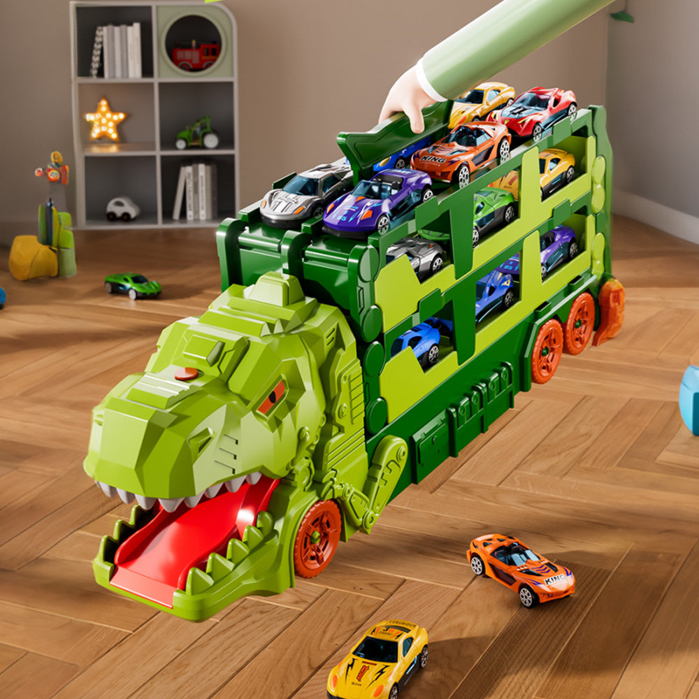 Foldable Dinosaur Truck with Dual Tracks and 6 Small Cars - Green