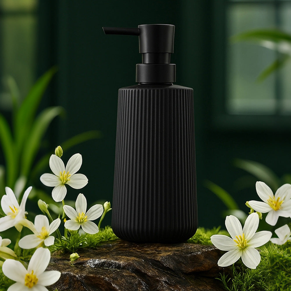 2 Ribbed Glass Soap Dispenser Bottles 350ml for Bathroom Kitchen - Black
