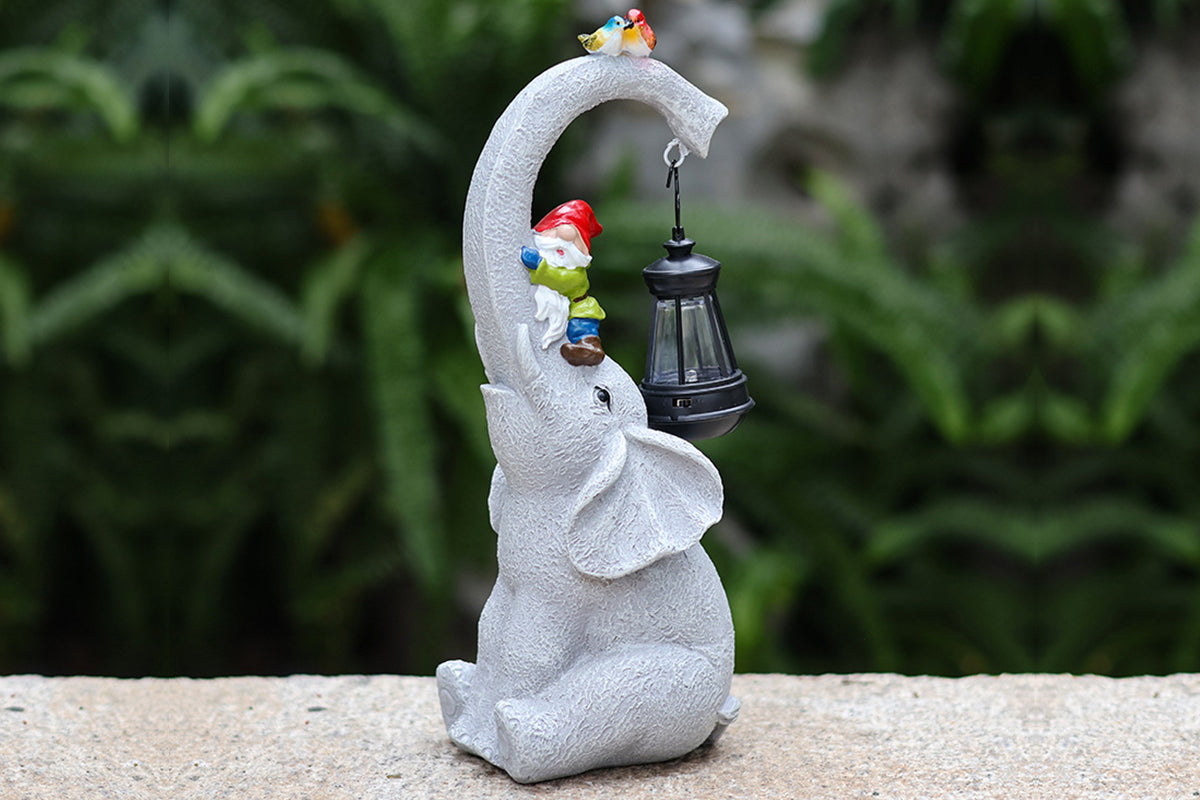 Solar Lights Garden Elephant Statue Outdoor Decor with Garden Gnome and Solar Lantern Outside Patio