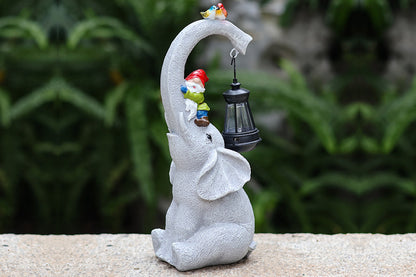 Solar Lights Garden Elephant Statue Outdoor Decor with Garden Gnome and Solar Lantern Outside Patio