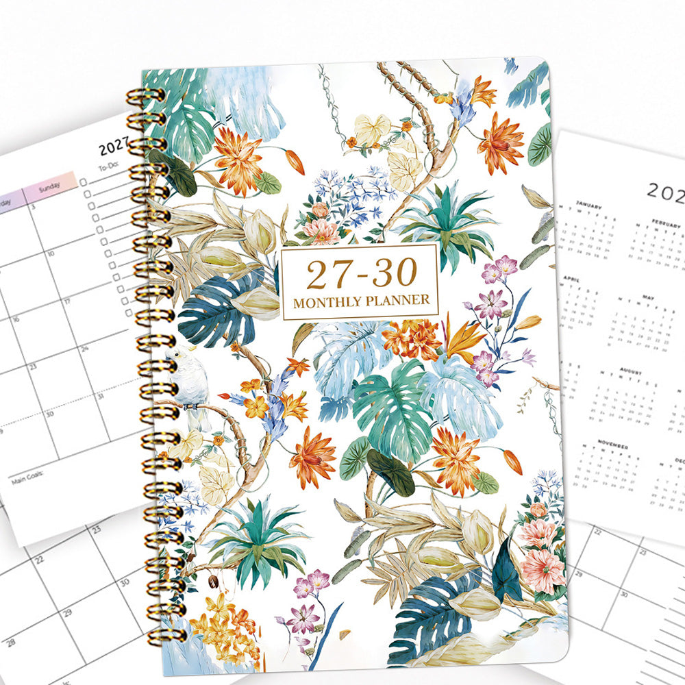 2027 to 2030 Four Year A5 Spiral Monthly Goal Planner Notebook - White Floral