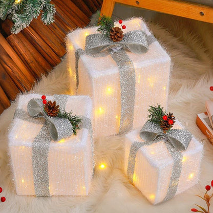 3PCS Lighted Christmas Gift Boxes with 8 Modes for Indoor and Outdoor Decor Silver
