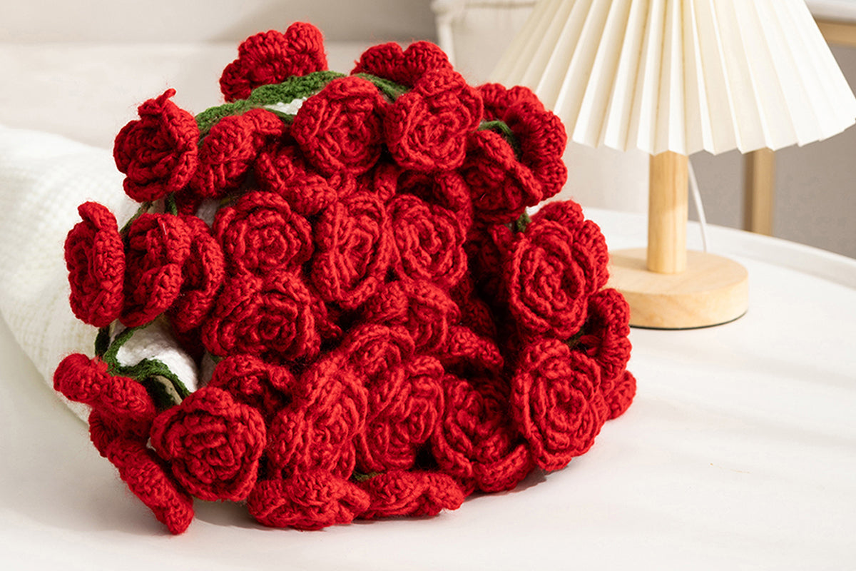 Handmade Knitted Flowers Rose Bouquet Blanket Knitted Throw Blanket -Red Camellia