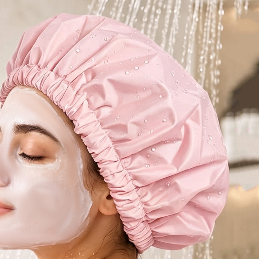 Water-Resistant Double-Layer Shower Cap - Pink