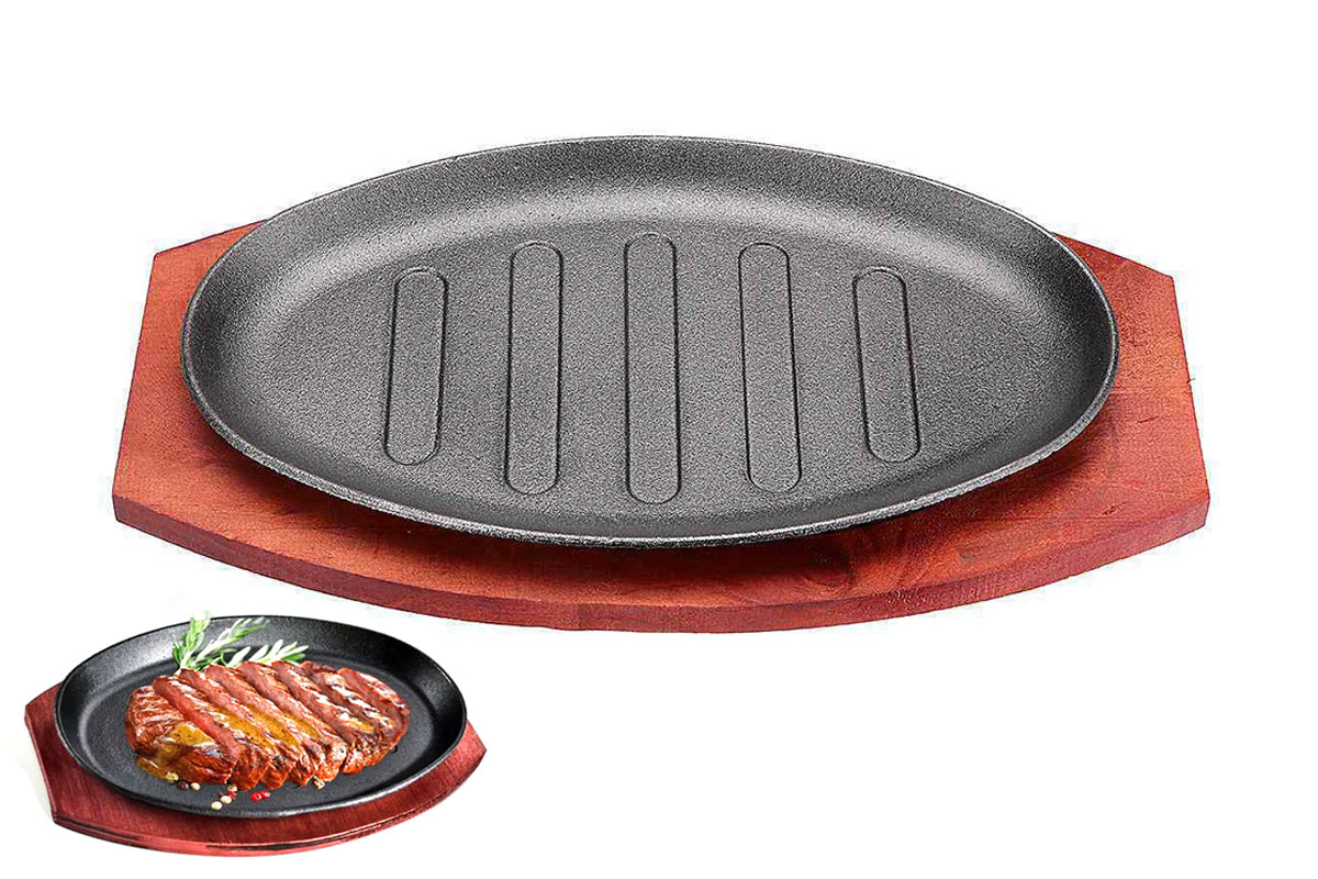Iron Steak Plate Sizzling Serving Platter With Wooden Base Set