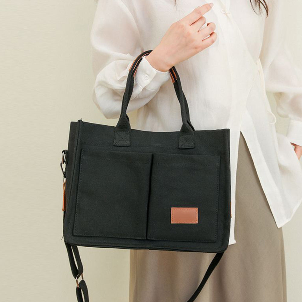 Canvas Tote Bag with Laptop Compartment Multi-Pocket Crossbody for Women Black