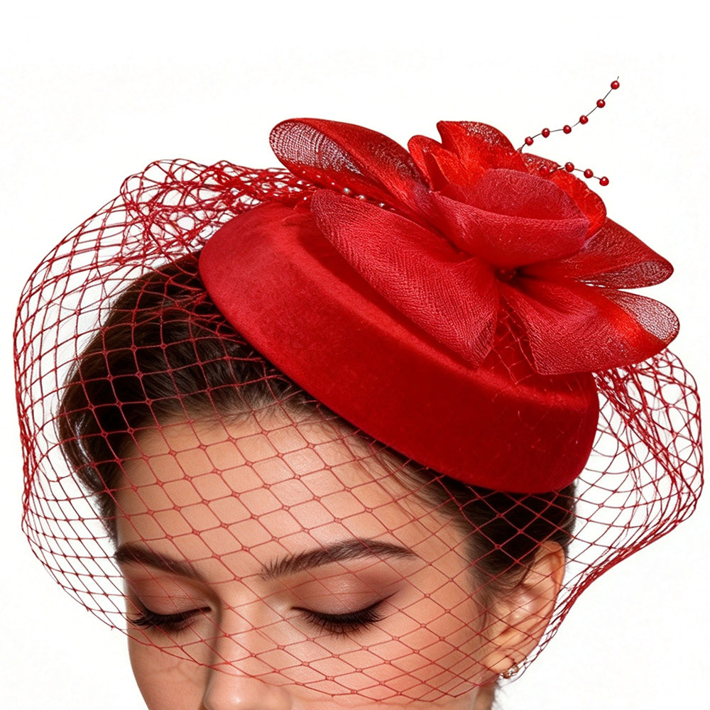 Vintage Mesh Rose Birdcage Veil Bridal Hair Headpiece - Red