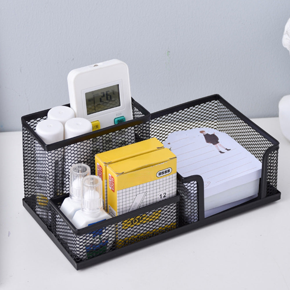 3 Compartment Mesh Pen Holder Desk Organizer Metal Office Supply Storage for Home School-Black