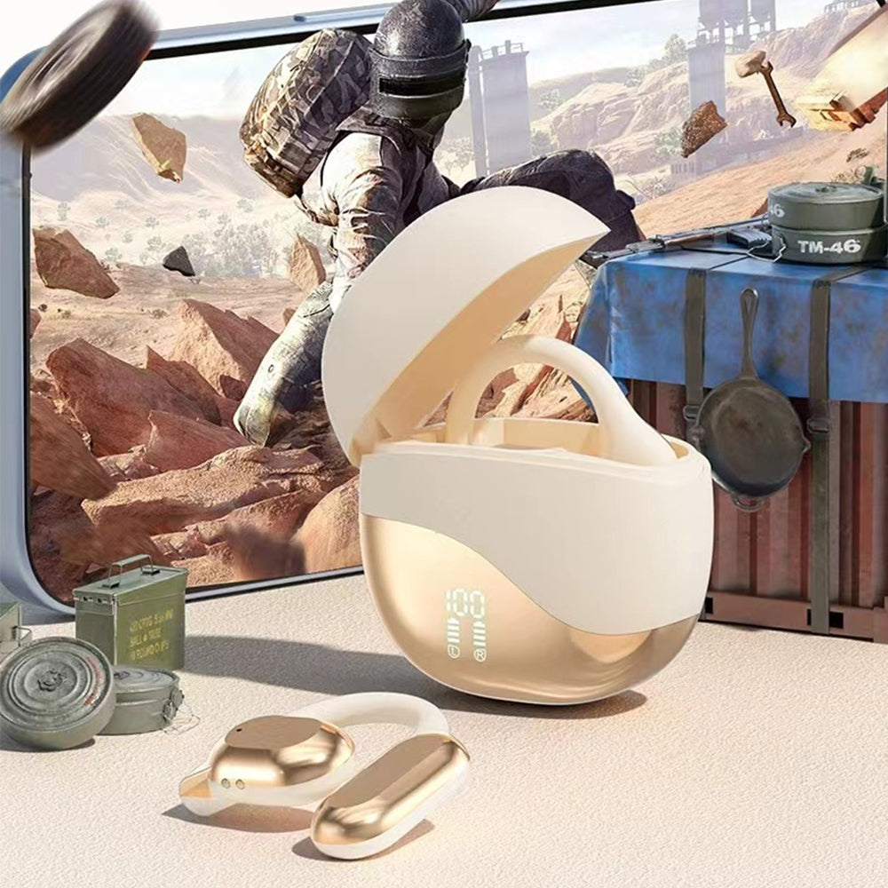 Open Ear Headphone Bluetooth Wireless Earbud Sport Over Ear Earhooks LED Power Display Earphone Beige