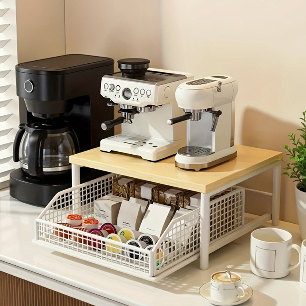 Kitchen Countertop Riser Storage Rack with Pull Out Drawer Basket - White