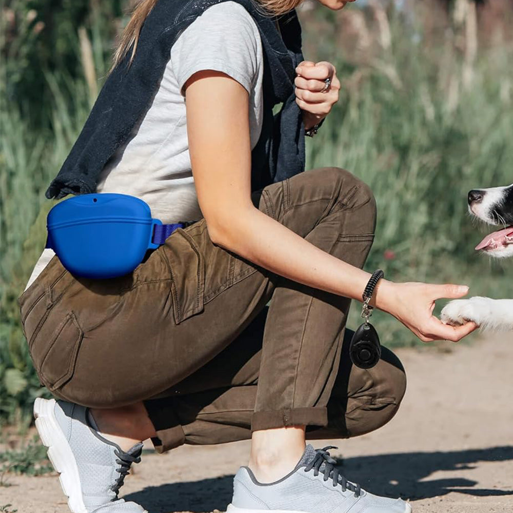 Dog Treat Pouch With Training Clicker Pet Silicone Training Treat Bag Pouch-Grey