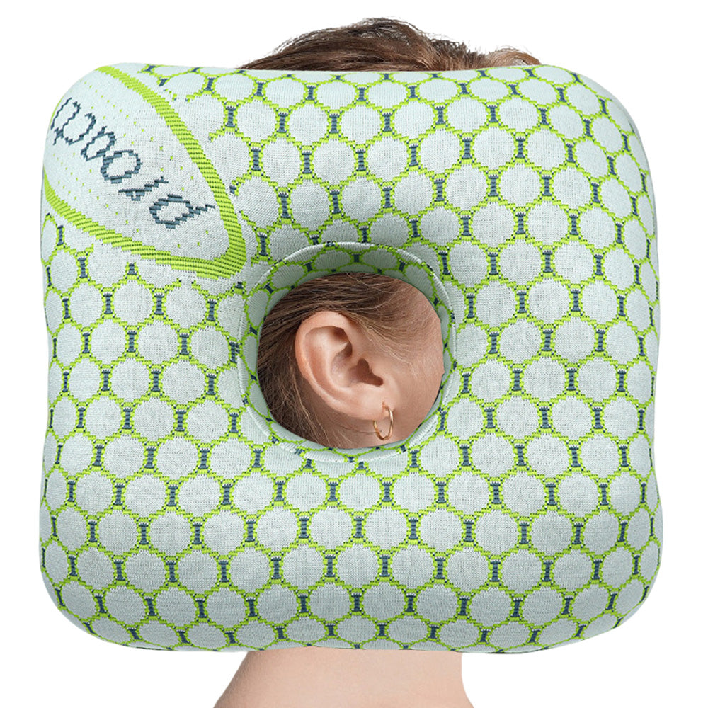 Square Ear Piercing Pillow for Side Sleepers with Central Ear Hole Green