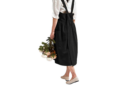 Cotton Linen Aprons Cross Back Apron with Pockets for Women with Pockets Pinafore Dress for Baking Cooking-Black